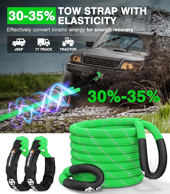 Roylvan 1" x 30ft Kinetic Recovery Tow Rope, 48800 LBS Nylon Tow Strap with 2 Soft Shackles 1/2" x 22", 30% Elasticity Heavy Duty Offroad Towing Straps Kit for Trucks, SUV, Tractor, Fluorescent Green