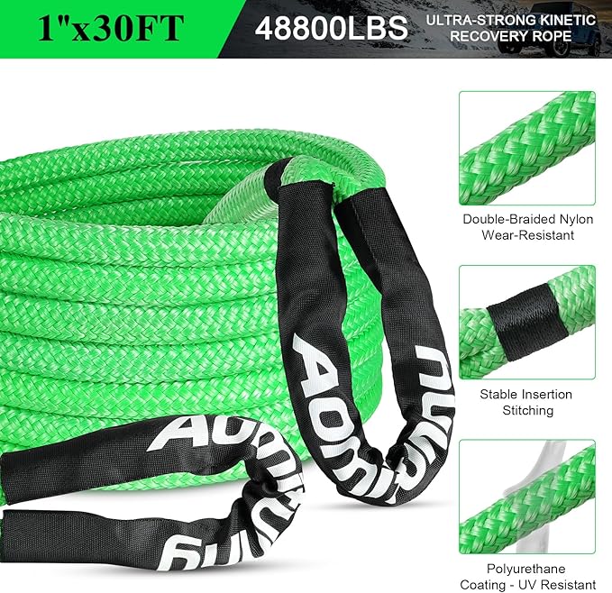 1" x30ft Kinetic Recovery Tow Rope Kit, 48,800 lbs Break Strength, 35% Elasticity, with 2 Soft Shackles, Heavy Duty Tow Strap for Offroad Jeep, SUV, Truck, ATV, UTV, Tractor & 4x4 Vehicles