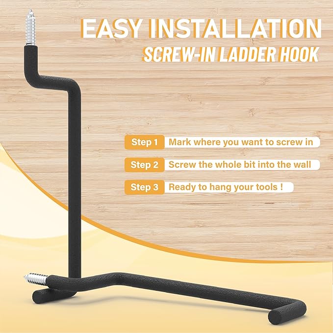 Screw in Ladder Hook, Black Heavy Duty Tool Holders 4PC, Bike Hooks, Wall Mount Garage Storage Hanger, Shelf Organizer for Hanging Bike, Ladder, Folding Chair, Cord (8.46'' (Width:2''))