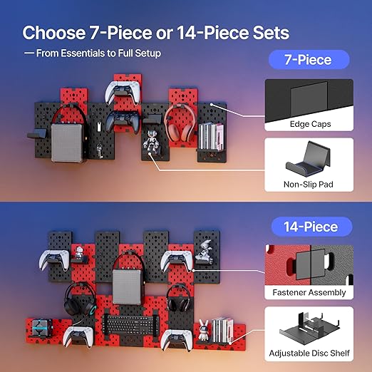 PEGZONE 14 PCS Controller and Headphone Holder Wall Mount, Modular Gaming Pegboard with Accessories, Video Game Storage, Disc Shelf, 14pcs Pegboard, Black & Red