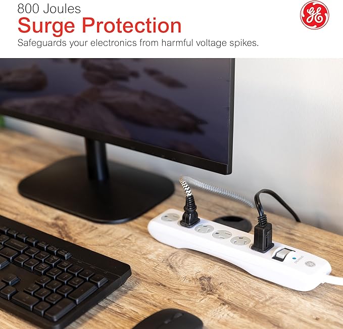 GE Surge Protector Power Strip, 15 Ft Extension Cord, 6 Outlet Extender, 800 Joules, Flat Plug, Twist-to-Close Safety Covers, ETL Listed, White, 50768