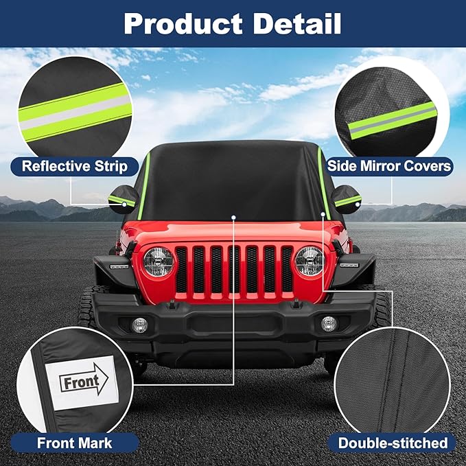 QUNSUNUS Cab Cover for Jeep JK JL 2 Door, Car Half Cover with Cotton Liner and Straps, Outdoor Car Cover Waterproof All Weather with Wind, Sun, UV and Dust Protection