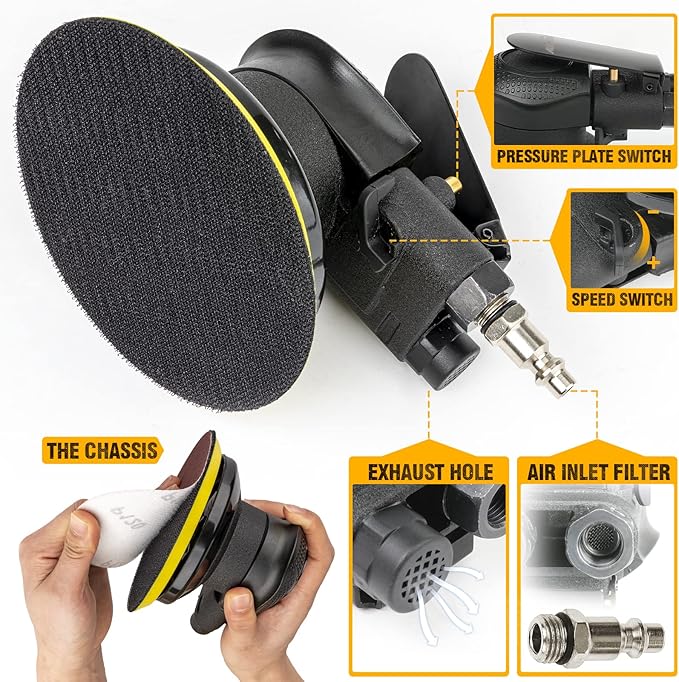 Autolock 6 Inches Air Random Orbital Sander, Pneumatic Palm Car Sanders For Wood Polisher Metal, Auto Body Work, Da Sanders, Dual-action Sander(1pcs)