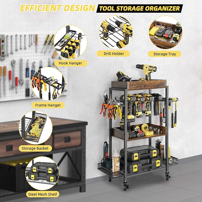 Olakee Power Tool Organizer Garage Storage Organization Shelving Tool Holder Drill Rack Shelf Rolling Cart Open Tool Chest Cabinet Box Organizer with Wheels Workshop Garage Gift Ideas for Men Dad