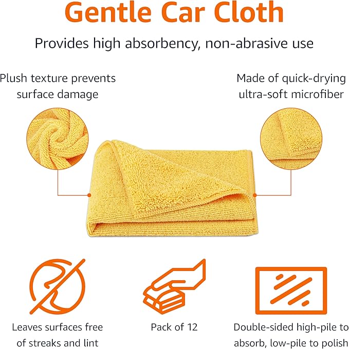 Amazon Basics Microfiber Car Drying Towels, Highly Absorbent, Lint Free, Scratch Free, Ultra-Soft, Car Detailing, Buffing and Polishing, 16" x 16", Yellow, 12-Pack