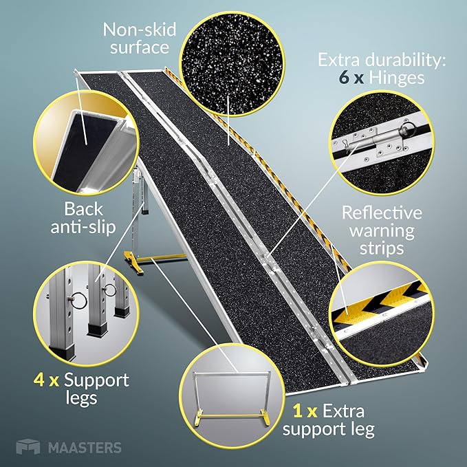 MAASTERS Wheelchair Ramp 12 Feet - Aluminum Long Portable Ramp - Loading Capacity 600 lbs - Portable 12 Foot Wheelchair Ramp with 2 Extra Support Leg