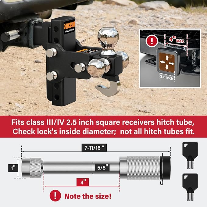 ORCISH Adjustable Rotating Trailer Hitch, 4-in-1 Tri-Ball & Tow Hook, 360° Swivel Ball Mount, 2.5" Receiver with 5" Drop/Rise, Ball Sizes: 1-7/8", 2", 2-5/16", Anti-Theft Lock, Fits Truck SUV RV