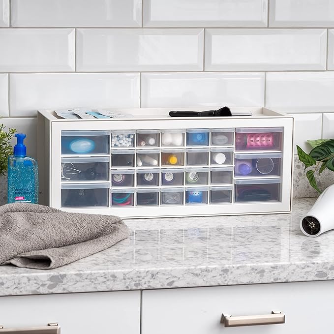 IRIS USA Plastic Storage Drawers, Made in USA, 26-Drawer Organizer Cabinet, Stackable Teacher Toolbox for Crafts, Beads, Stickers, Hardware, Nuts & Bolts, Scrapbook Supplies, Building Bricks – White