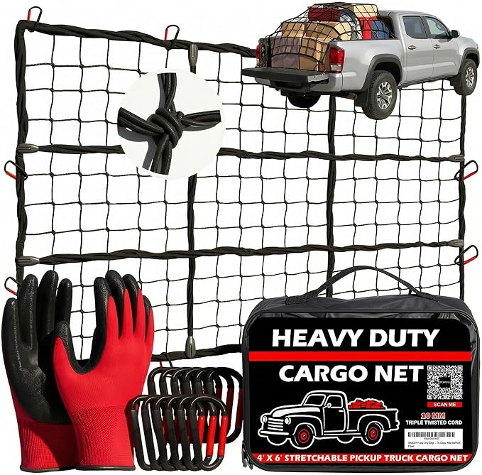 Heavy Duty Cargo Net for Pickup Truck Bed, 4'x6' Stretches to 8'x12' - 4"x4" Mesh 10mm Bungee Truck Bed Net with 12 Metal Carabiners, Anti-Slip Gloves & Guide for Trucks, SUV, Roof Rack