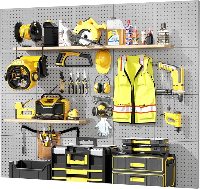 Peg Board, 6PCS Metal Pegboard, Heavy Duty Pegboard Wall Organizer with Frame. Pegboard for Walls, Garage, Workbench, Craft Room Tool Organization, Metal Pegboard Panels 12in*12in,Grey