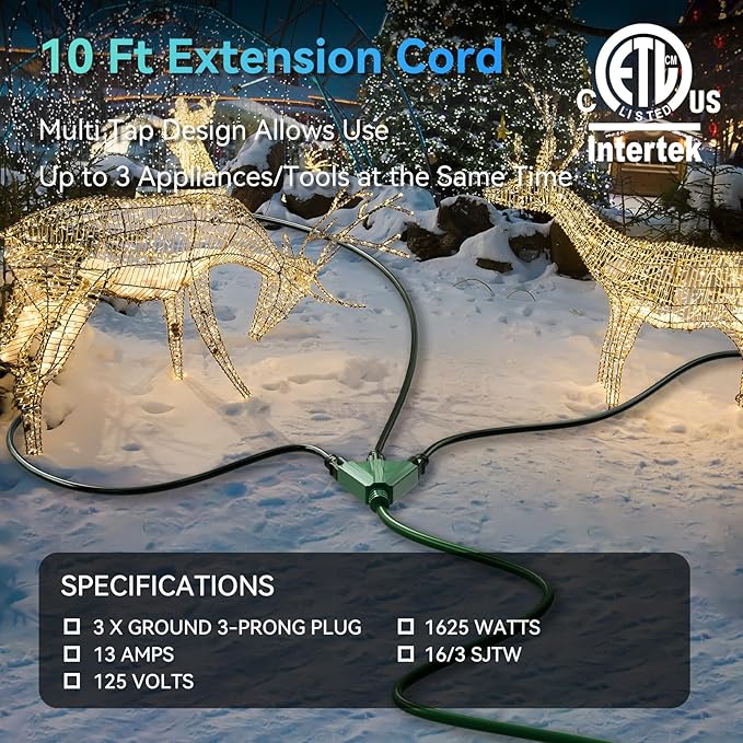 K KASONIC - 10 Ft Extension Cord with 3 Outlets, UL Listed 16/3 SJTW 3-Wire Grounded, 13A 125V 1625W for Indoor/Outdoor Use - Green