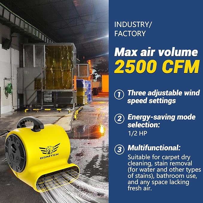 Air Mover Blower Fan, Industrial 1/2HP 2500CFM Monster Floor Blower Carpet Dryers - 3 Speeds, 4 Adjustable Angles, 15FT Long Cord, Stackable - 2026 Upgraded