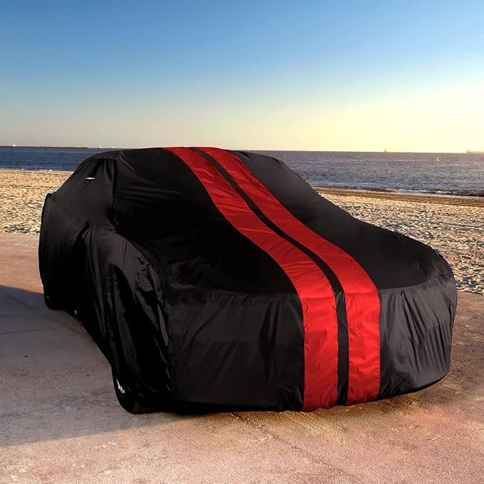 iCarCover Custom Car Cover for 1974-1981 Chevy Camaro Z28, Type LT Waterproof All Weather Rain Snow UV Sun Protector Full Exterior Indoor Outdoor Car Cover (Stripe - Black/Red)