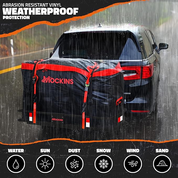Mockins 15 CuFt Weatherproof Trailer Hitch Cargo Carrier Bag w/ 4 Packing Cubes | 48"x18"x31" Waterproof Cargo Bag for Hitch Carrier & Truck Bed Storage | Vehicle Soft-Shell Carriers w/Straps & Lock