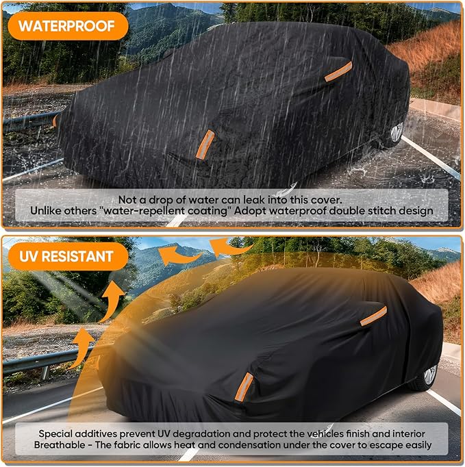 NEVERLAND Sedan Car Cover Waterproof Heavy Duty All Weather Protection Snow Anti-UV Windproof Outdoor Full Car Cover Fit for Automobiles BMW/Mercedes-Benz/Honda（for Car Size:196''L x 72''W x 59''H）