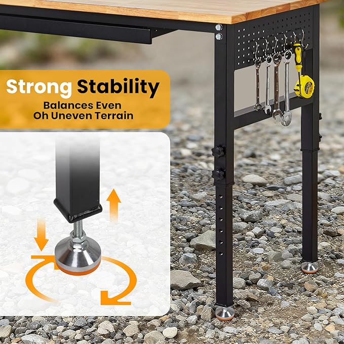 60" Adjustable Workbench with Drawer, 2000 LBS Heavy Duty Work Bench with Power Outlet and Fixed Legs, Sturdy Steel Frame with Rubber Wood Top, Work Table for Garage, Office, Home, Commercial