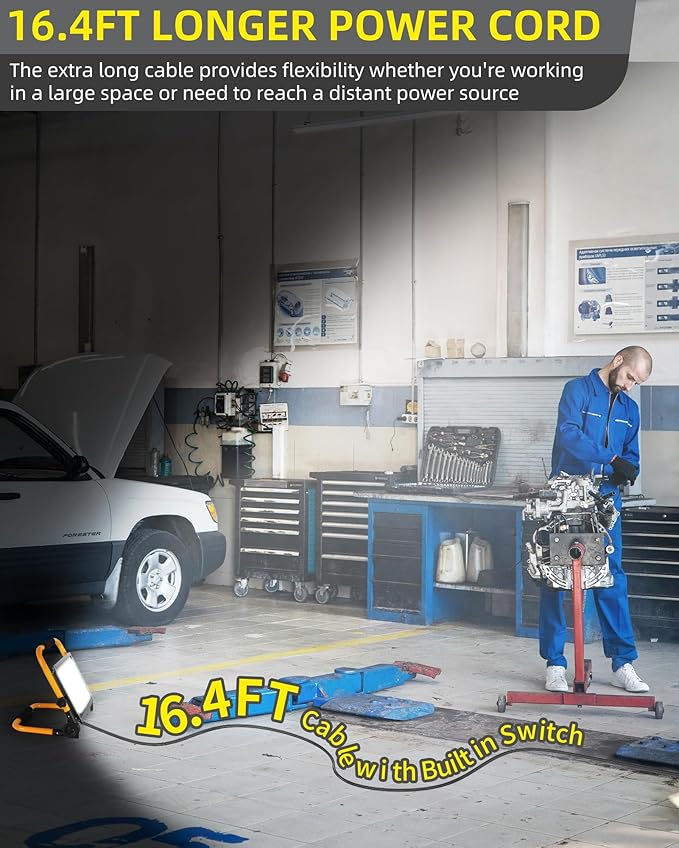 8400LM LED Work Light with 16FT Cord & Switch, 70W Outdoor Flood Light, IP66 Waterproof Portable Job Site Lighting with Stand, 5000K Dayight Worklight for Construction Garage Workshop Car Repairing