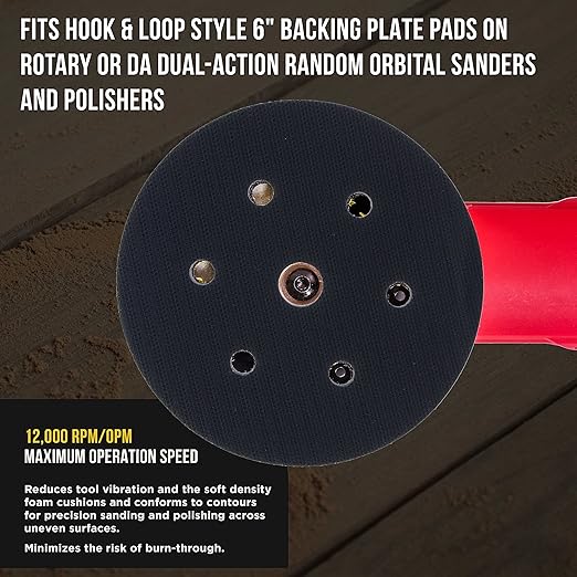 TCP Global 6" x 7/16" 10mm Thick Soft Density Interface Pad for DA Polishers & Sanders, 6 + 1 Hole Pattern Dustless, Hook & Loop Foam Cushion, Use Between Vacuum Sanding Discs, Polisher Polishing Pads