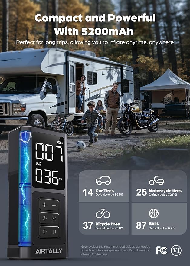 Tire Inflator Portable Air Compressor - 5200mAh 150PSI Quickly Inflate Portable Air Pump for Car Tires/Bike/Basketball with LED Large Dual Screen, Pressure Gauge & Auto Shut-Off