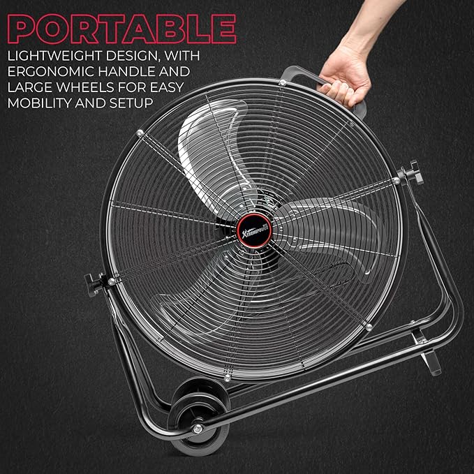 XtremepowerUS 24" Industrial Shop Fan High-Velocity Flow Drum Fan Floor Fan Rolling Drum Garage Tilt 3 Adjustable Speed Commercial, Gym, Garage Use, Black