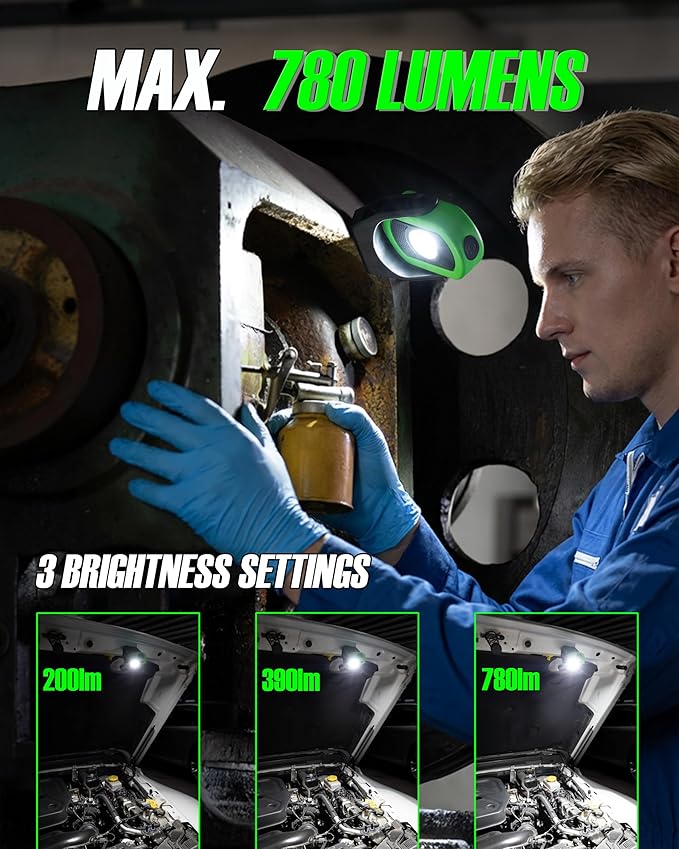 Magnetic Work Light – 780 Lumen Compact Pocket Light, Rechargeable 3000mAh, 360° Pivot, Durable & Portable for Mechanics & Jobsites (Green, 1-Pack)