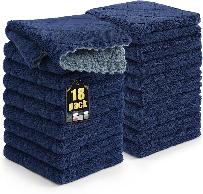 Mordimy 18 Pack Kitchen Cloths Dish Towels (10" x 10", Dark Grey & Navy Blue), Super Soft and Absorbent Dish Cloths, Coral Velvet Microfiber Cleaning Cloth, Nonstick Oil Fast Dry Dishcloths