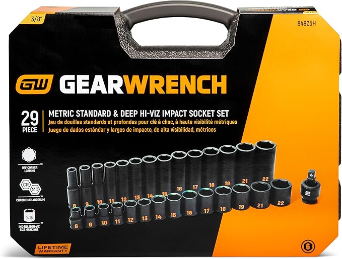 GEARWRENCH 29 Piece 3/8" Drive 6 Point Metric Hi-Viz Standard & Deep Impact Socket Set | 84925H