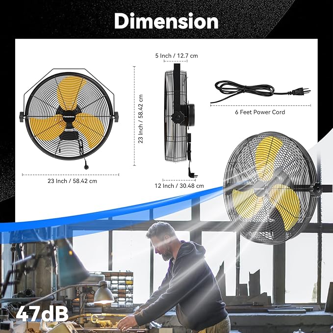 18 Inch High Velocity Wall Mounted Fan, 4580 CFM 3-Speed Metal Wall Fan with Sealed Motor, 180° Tilting Heavy Duty Industrial Fan for Patio, Garage, Barn & Gazebo, UL Listed