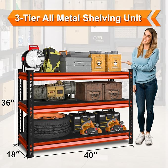 3-Tier Garage Shelving Heavy Duty,40''W x 18''D x 36''H Metal Shelving Unit,1320 lbs Weight Capacity Adjustable Storage Shelves for Retiple Tanks, Aquariums, Pantry,Red