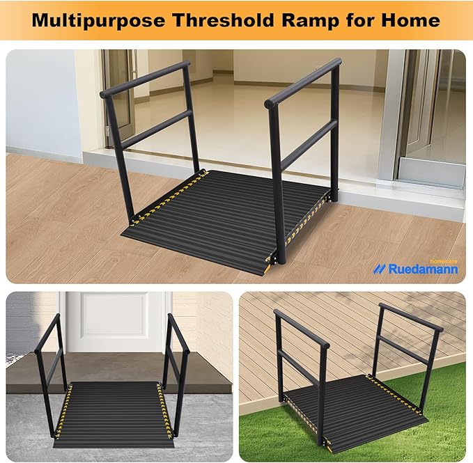 Ruedamann 3'L x 36" W Wheelchair Ramp with Handrails, Aluminum Wheelchair Ramps for Steps, Portable Wheelchair Ramps for Home Steps,Non-Slip Handicap Ramps for Stairs, Doorways, Walkers, Black