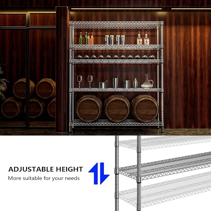M MZG 3500LBS 59" W 5 Tier Storage Shelves Rack Metal Wire Shelving Unit, Storage Standing Shelf Organizer for Laundry Bathroom Kitchen Pantry Closet Garage, Chrome 17.7" D x 59.1" W x 70.4" H