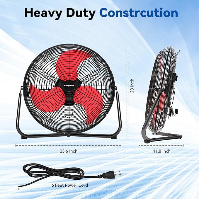20" High Velocity Floor Fan, 5300 CFM Heavy Duty Industrial Floor Fan, 3 Speed, 360 Degree Tilt, Quiet Operation for Warehouse, Basement, Factory, Barn, Garage - UL Safety Listed