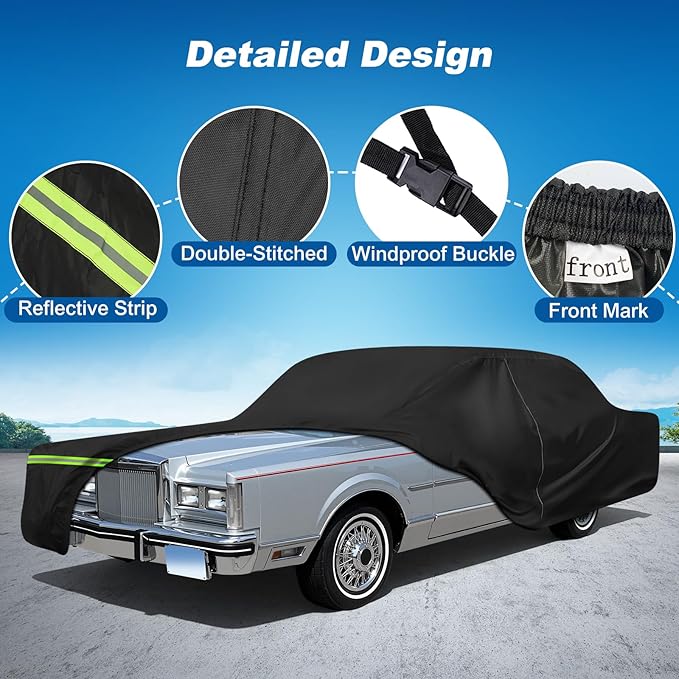 QUNSUNUS Car Cover for Lincoln Town 1981-2012, Waterproof Car Covers with Cotton Lining, All Weather Town Cover with Straps and Zipper for Wind, Sun and Dust Protection