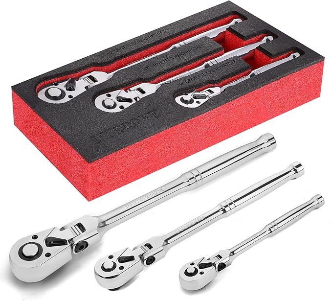 1/2 3/8 1/4 Inch Drive Ratchet Set, 3Pcs Flex Head Ratchet Set, 72 Tooth Quick Release Flexible Swivel Head Socket Ratchet Wrench Set