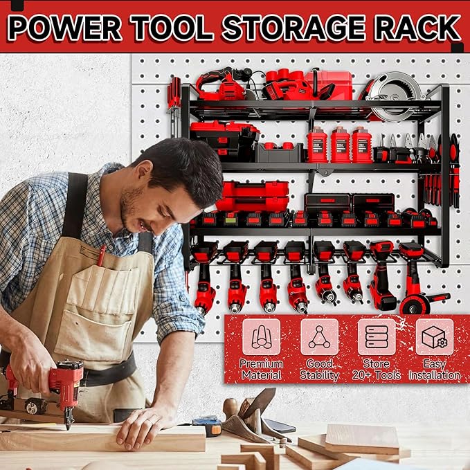 Large Power Tool Organizer Wall Mount, 4 Layer Heavy Duty 8 Cordless Drill Holder Tool Storage Rack, Load 400lbs Utility Power Tool Rack for Garage,Workbench,Workshop,Gifts for Men
