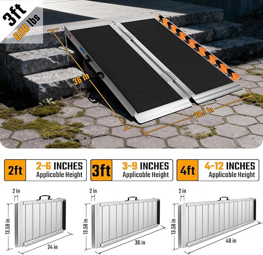 3FT Portable Wheelchair Ramp, 600 LBS Capacity Folding Handicap Ramp, Non-Slip Aluminum Portable Ramps, Threshold Ramp for Home Steps, Stairs, Doorways, Home Entry, and Door