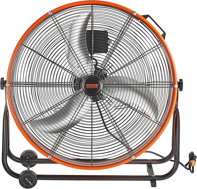 VEVOR 24" Industrial Drum Fan, 8900 CFM High Velocity Shop Fan with Stepless Speed Control, 360° Adjustable Tilt, Heavy Duty Floor Fan for Warehouse, Workshop, Commercial Use, 5ft Cord