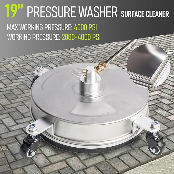 Hourleey 19" Pressure Washer Surface Cleaner, Stainless Steel Surface Cleaner with 4 Wheels for Concrete, Patio, Sidewalk, Deck, Pathway 1/4" Quick Connector, 2 Extension Wand, 4000 PSI