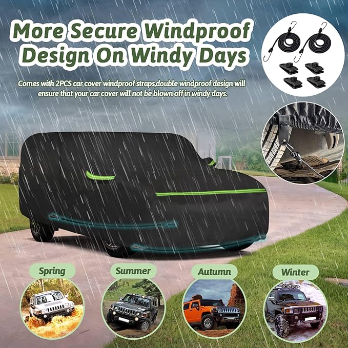 Car Cover for Hummer H3 SUV 2006-2010, 210T Waterproof Sun Rain UV Dust Snow Protection Outdoor H3 Full Car Cover with Windproof Gust Strap and Zipper Door-Black