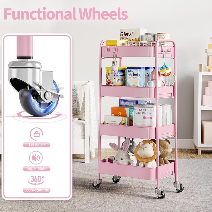 TOOLF 4-Tier Rolling Cart - Metal Storage Organizer with Lockable Wheels, 44 lbs Per Shelf Capacity, Tool-Free Assembly, for Kitchen Bathroom Office Laundry Room Nursery, Pink