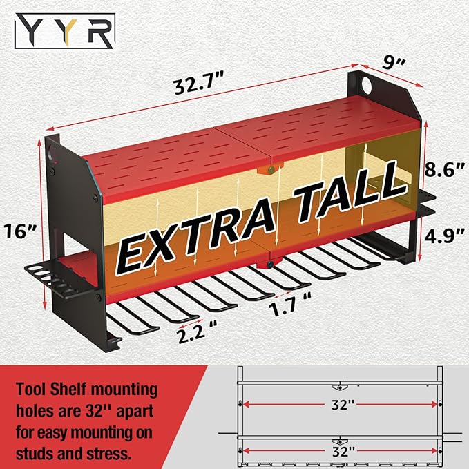 YYR Heavy Duty 6-Level Lumber Storage Rack - Orange & 32 Inch 8 Slots Power Tool Organizer Wall Mount