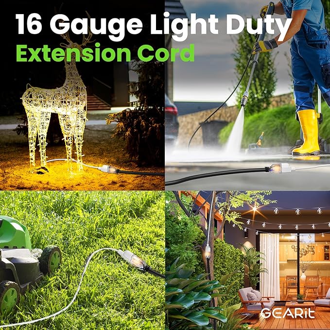 GEARit 50 Ft Extension Cords 16/3 Gauge 360° Rotating Plug Outdoor/Indoor SJTW 16 AWG 3 Prong Heavy Duty Power Cable 13A 125V 1625W for Lawn, Garden, Appliances Black