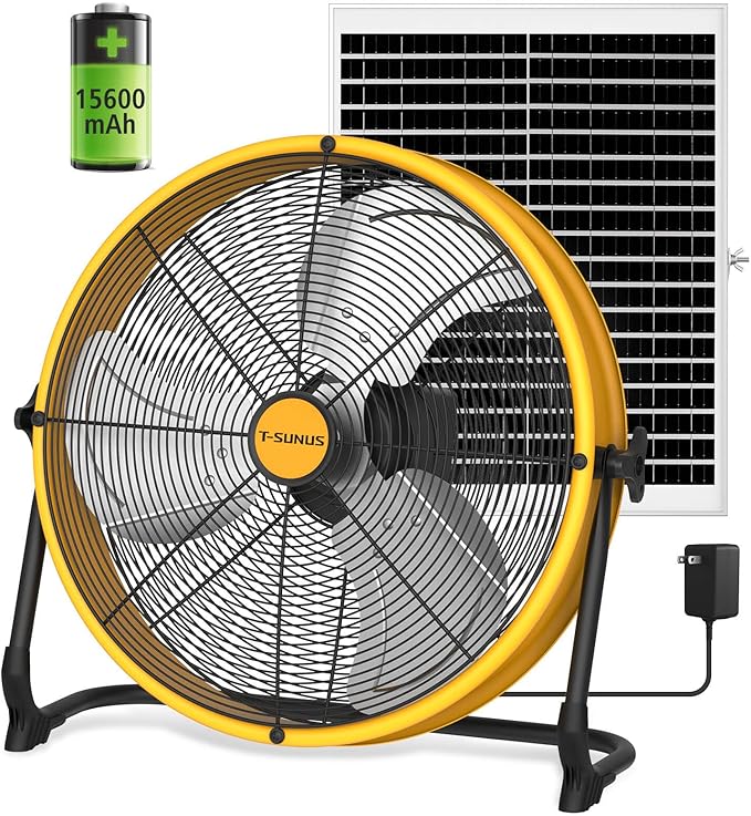 T-SUNUS 16" Solar Powered Floor Fan with 25W Panel & 15600mAh Battery, 2500 CFM Strong Airflow, 4-25H Runtime, USB Phone Charging, 360° Tilt, Quiet for Camping, Patio, Garage, Shed, Tent, RV, Outdoor