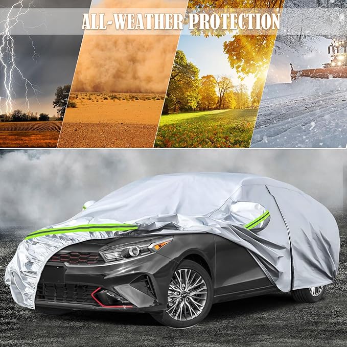 Waterproof Car Covers Replace for 2009-2025 Kia Forte/K3, 6 Layers Silver All Weather Custom-fit Car Cover with Zipper Door & Windproof Bands for Snow Rain Dust Hail Protection