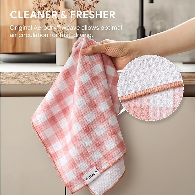RECYCO Waffle Kitchen Towel Set of 2 - Quick Dry Microfiber Sustainable Dish Towels - Absorbent Reusable Cleaning Tea Towels - Lightweight Hand Towels,16”x 28”, Rose Plaid