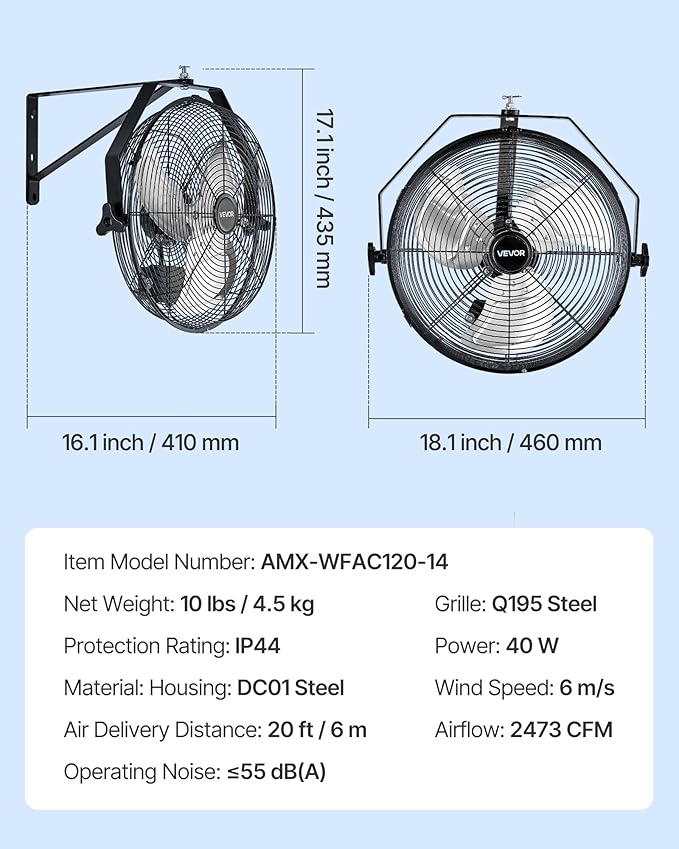 VEVOR 14 Inch Industrial Wall Mount Fan, High Velocity 2473 CFM Outdoor Fan with 3 Speeds, Waterproof IP44 Garage Wall with Aluminum Blades for Workshop, Warehouse, Greenhouse