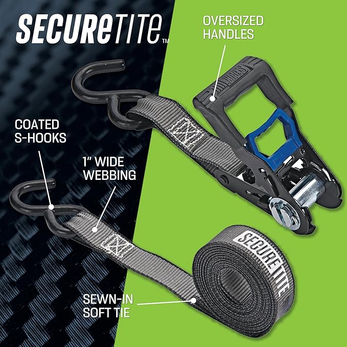 Secure Tite Ratchet Straps, 1' x 12', Vinyl Coated S-Hooks, 500 lbs WLL, 1500 lbs BS (Pack of 24)