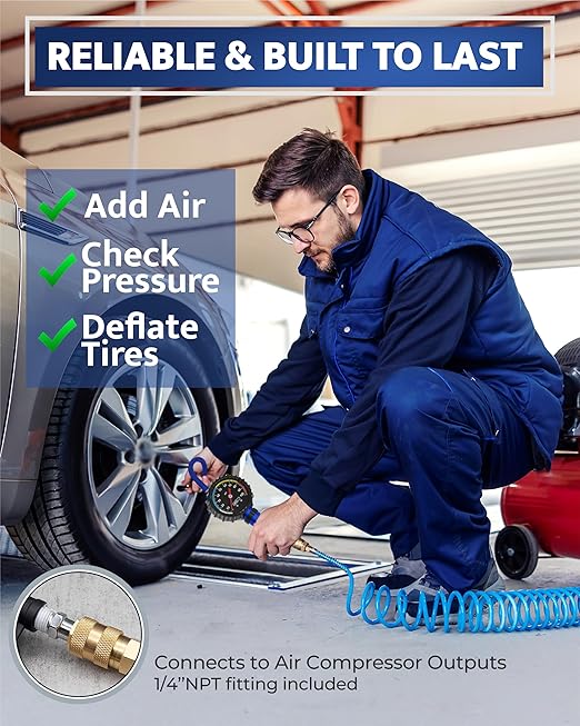 GERCHWAY Tire Inflator with Pressure Gauge and Longer Hose - Most Accurate, Heavy Duty Air Chuck with Gauge for Air Compressor Tire Inflator Attachment - 100PSI