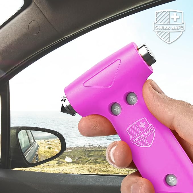 Swiss Safe 5-in-1 Emergency Car Safety Hammer – Car Window Breaker & Seatbelt Cutter, Heavy-Duty Escape Tool for Vehicle Emergencies and Auto Kits – Pink, 1 Pack