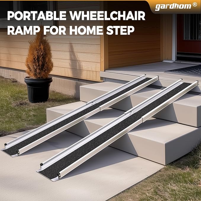 gardhom 1Pair 7FT Adjustable Wheelchair Ramp 84" L x 7.4" W Telescopic Ramps for Wheelchairs 600 lbs Portable Wheelchair Ramps for Steps Home Threshold Doorways Steps Stairs with Carrying Bag